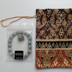 Jade Beaded Bracelet With Carved Elephant Charm Includes Gift Bag ~ New